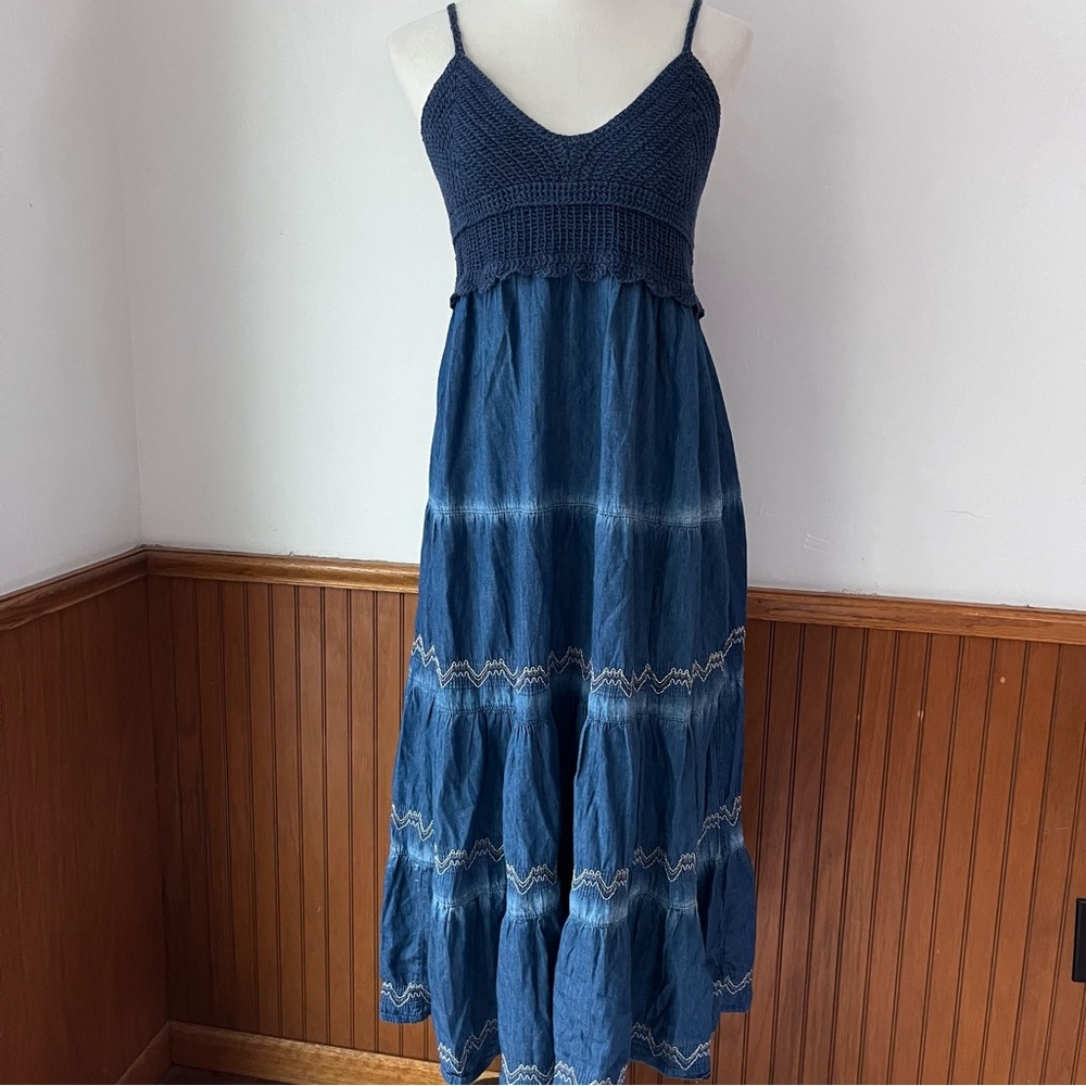 Lapis Denim crochet tiered midi dress smocked spaghetti blue embroidered small